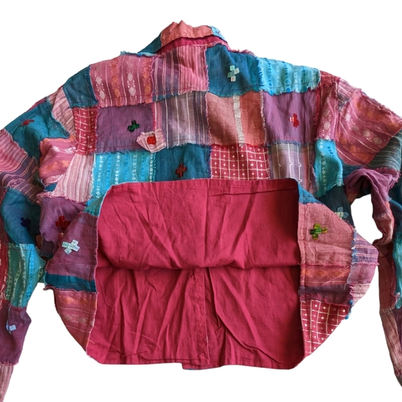 Carrie Allen Shirt Jacket Sz M Cropped Multi Color Patch Work Long Sleeve Lined - Picture 3 of 13